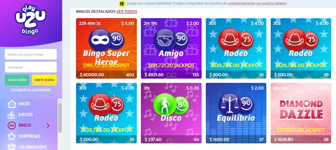 Variedad de bingo en Play Uzu casinos online español playuzu